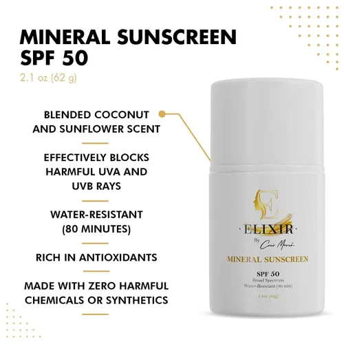 Vista 3 de Elixir by Cocó March Protector solar mineral SPF 50 para rostro y cuerpo, protección solar de amplio espectro, resistente al agua 80 minutos