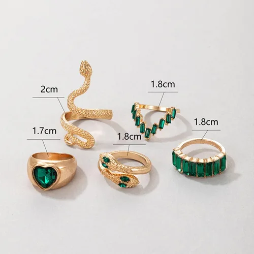Vista 3 de Anillos de serpiente de cristal verde para mujeres y adolescentes, conjuntos de anillos de dedo apilables estilo bohemio, retro, anillos simples a