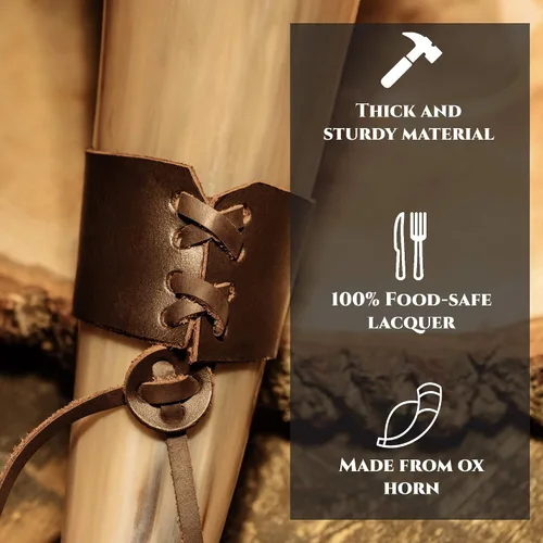 Vista 5 de Trondebal Cuerno vikingo para beber de 15 a 20 onzas con soporte de metal, taza de cuerno de buey hecha a mano para Mead, Ale, cerveza, regalo