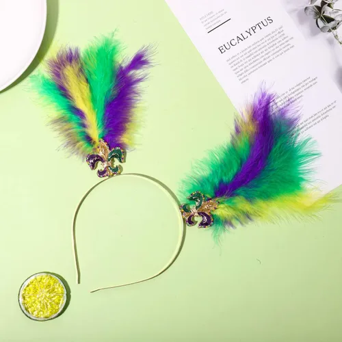 Vista 5 de YAHPERN Diademas de Mardi Gras para mujer, máscara de flor de lis, diadema de plumas de carnaval, accesorios para el cabello, regalos