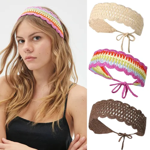 Vista 8 de CHLINS Diademas elásticas de ganchillo hechas a mano con margaritas florales – 3 unidades de diademas de punto bohemio para mujeres y niñas