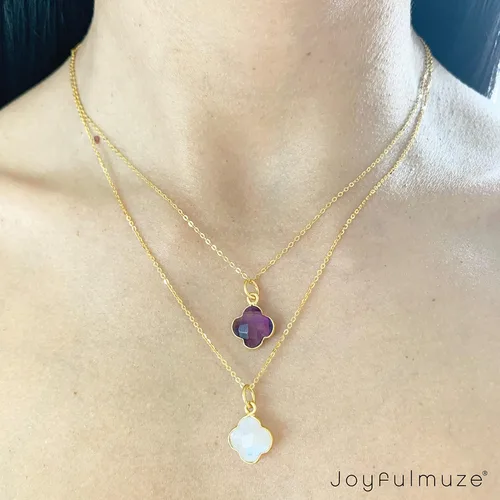 Vista 4 de Genuine Gemstone Necklace, Carved Four Leaf Clover Shape, Amethyst, Moonstone, Amazonite, Tourmaline, Labradorite, 925 Sterling Silver Jewelry