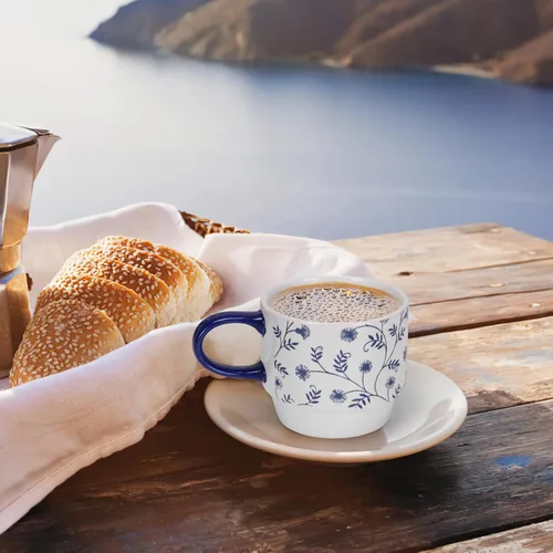 Vista 8 de Schliersee Juego de 6 tazas de café de cerámica apilables de 12 oz, taza pequeña con patrón geométrico floral, taza de café de porcelana azul
