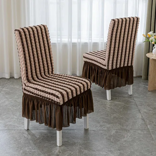 Vista 3 de Paquete de 2 fundas elásticas universales para sillas de comedor con falda, funda minimalista moderna para silla de sirsaca tridimensional, funda
