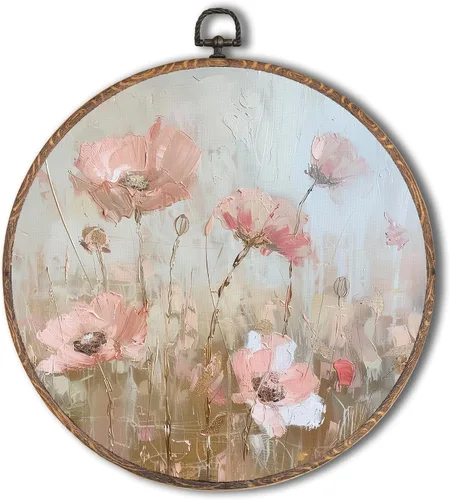 Vista 24 de Yorhifa Grandmillennial - Arte de pared enmarcado con lazo rosa coqueta, arte de pared redondo de chinoiserie azul y blanco, decoración de paredes