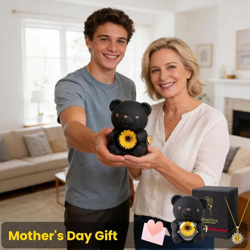 Vista 2 de Regalo para su oso de la suerte con girasol, girasol en elegante caja de regalo con collar para mujer, regalos de oso para el día de la madre, día