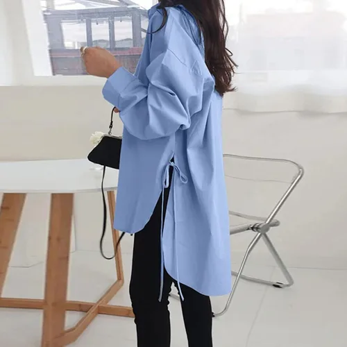 Vista 56 de Camisas de manga larga con botones para mujer, asimétricas, casuales, con cordones, túnica de gran