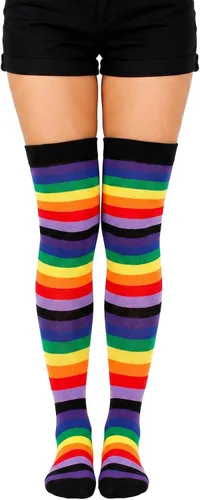 Vista 14 de Calcetines altos para mujer, calcetines altos a rayas hasta el muslo Bandera estadounidense