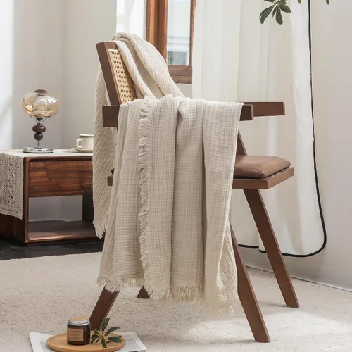 Vista 3 de FOSSA Manta de Muselina con Flecos - Gasa de Algodón 100% de 4 Capas Súper Suave y Transpirable - Manta Decorativa Ligera y Refrescante para Cama