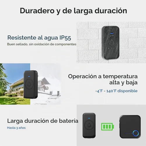 Vista 4 de FOVKSUC Timbre Inalámbrico, Timbre de Puerta Impermeable con 60 Melodías, 5 Niveles de Volumen y Flash LED, Timbre de Aula de Largo Alcance de 1000