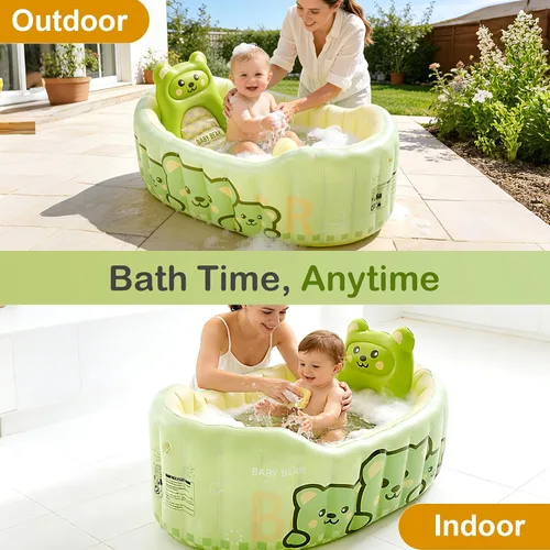 Vista 7 de Bañera inflable para bebé, bañera reclinable para recién nacidos a niños pequeños con cojín de respaldo suave y bomba de aire, bañera plegable