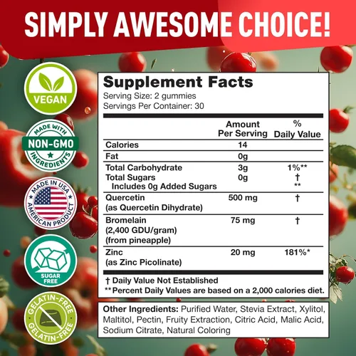 Vista 3 de BioVit Gomitas de quercetina de 500 mg – Quercetina activada para niños y adultos, sistema inmunológico y alergia – Masticables con bromelina, zinc