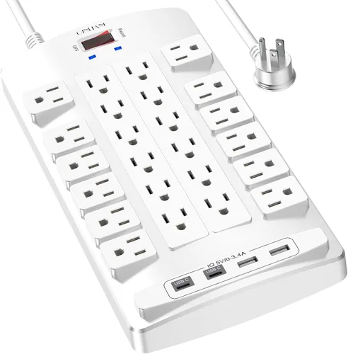 Vista 9 de QINLIANF Protector contra sobretensiones Regleta de enchufes - Cable de extensión de servicio pesado con enchufe plano de 6 pies con 24