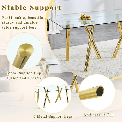 Vista 6 de Glam Style - Juego de 5 mesas de comedor para 4, mesa de comedor rectangular de vidrio templado de 71 pulgadas con base de metal dorado, sillas