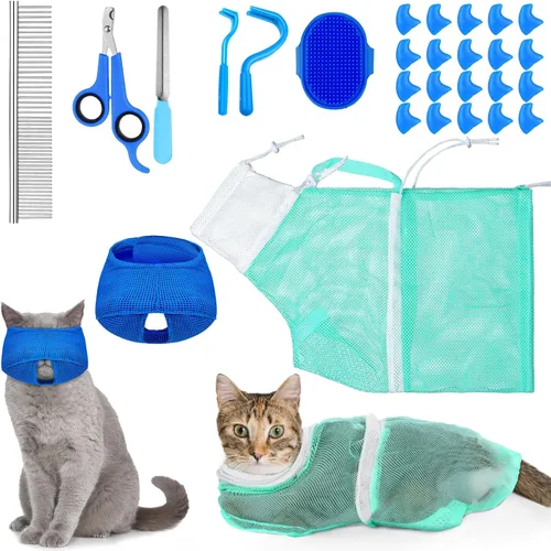 Vista 8 de Juego de 9 Piezas de Bolsa de Baño para Gatos, Bolsa de Ducha para Gatos Anti Mordeduras y Arañazos para Aseo de Mascotas, Cepillo de Lavado, Peine