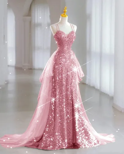 Vista 4 de CWOAPO Vestidos de fiesta de lentejuelas con tirantes delgados para mujer, vestido de baile largo con abertura, vestido formal de sirena con cola