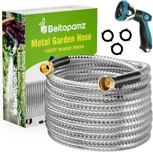 Vista 10 de Beitopamz Manguera de jardín de metal de 25 pies con boquilla, acero