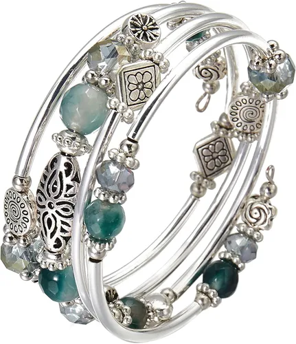 Vista 2 de Pulseras apilables con cuentas para mujer, pulsera de plata bohemia envuelta en capas, regalos de joyería de moda para ella, Ágata