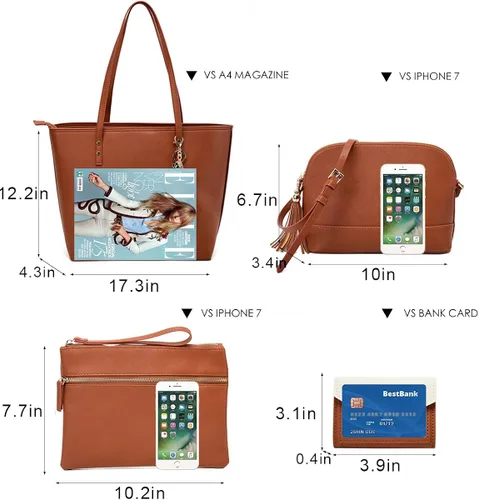Vista 4 de Juego de 4 bolsas de mano para mujer, bolsa de hombro con asa superior, bolsa de mano, Marrón, L
