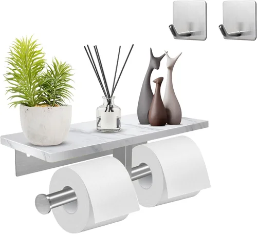 Vista 8 de Soporte de papel higiénico con estante de mármol, soporte de papel higiénico montado en la pared de acero inoxidable SUS304 y 2 ganchos adhesivos