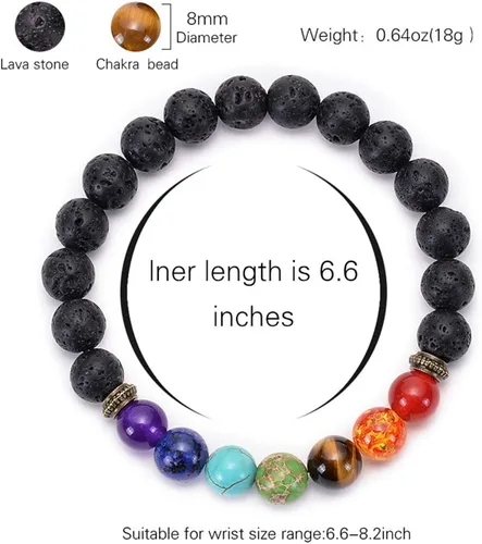 Vista 2 de Brazalete GelConnie de piedras de lava, 7 chakras, 0.32 pulgadas, piedra natural, para curación, alivio del estrés, yoga, ansiedad, aromaterapia