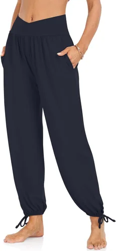 Vista 2 de TARSE Pantalones deportivos tipo harem para mujer, de cintura alta, holgados, para descansar, yoga, con bolsillos, casuales, holgados