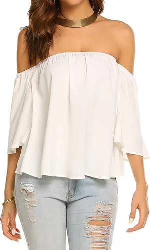 Vista 2 de Bluetime - Blusas de verano de gasa con hombros descubiertos volantes de manga corta para mujer camisetas casuales y sexis