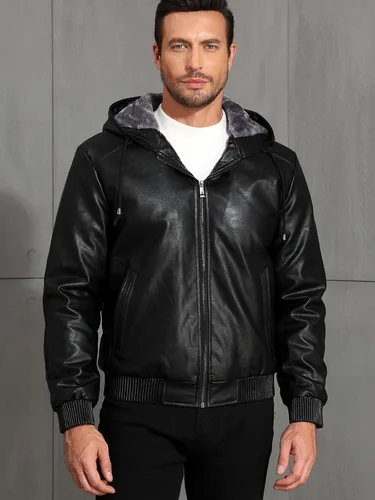 Vista 2 de MANSDOUR Chaqueta de cuero sintético para hombre con forro de vellón negro cálido, chaqueta bomber de motocicleta con capucha
