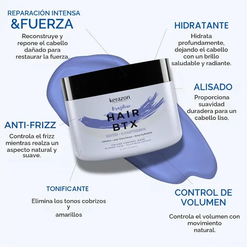 Vista 2 de KERAZON - Máscara de cabello brasileño rubio BTX con efecto platino y cabello plateado que proporciona suavidad, hidratación profunda, antilatón