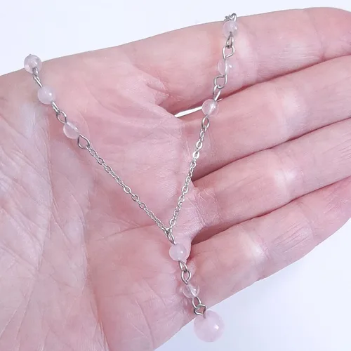 Vista 3 de Natural Crystal Bead Rose Quartz Y Shaped Lariat Necklace Non-Tarnish Steel Chain