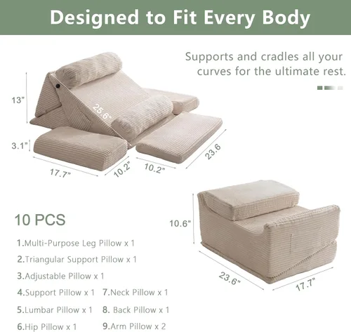 Vista 4 de HIGOGOGO Juego de 10 almohadas ortopédicas de cuña para cama, posicionadores corporales de espuma suave ajustables para recuperación después