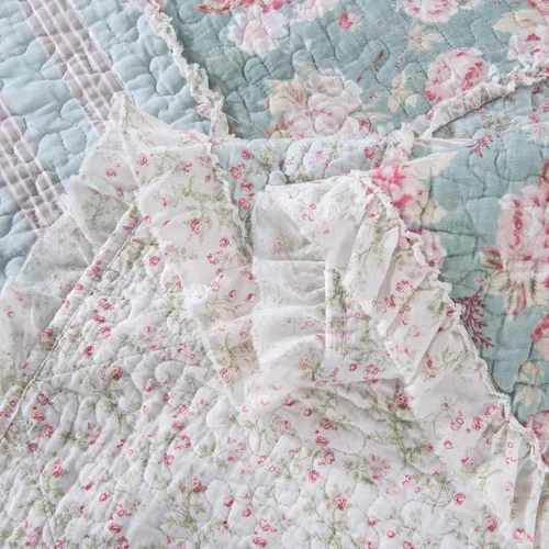 Vista 7 de DaDa Bedding - Juego de colcha de algodón con diseño de retazos florales campestres con un toque de menta, acolchada, con volantes multicolor pastel