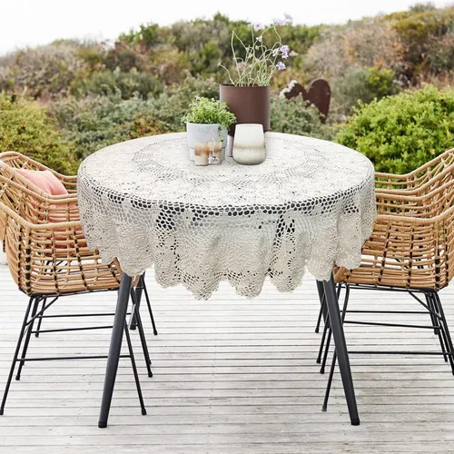 Vista 8 de USTIDE Mantel redondo de ganchillo de 70 pulgadas, superposiciones de mesa de encaje de algodón beige hecho a mano con diseño floral de ganchillo
