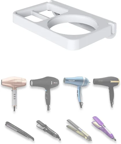 Vista 7 de Soporte de pared para secador de pelo y alisador, organizador de herramientas para el cabello 2 en 1, negro, plástico, redondo, temático espacial