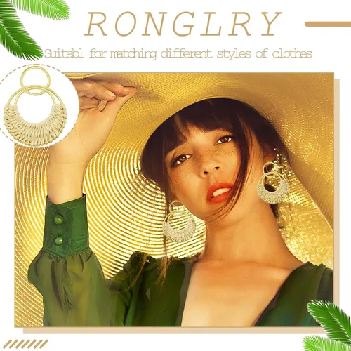 Vista 2 de Ronglry Aretes bohemios de ratán de rafia para mujeres y niñas, ligeros, hechos a mano, de mimbre trenzado, grandes, divertidos, modernos, regalos