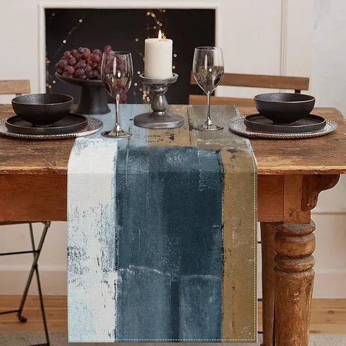 Vista 31 de Emvency - Camino de mesa de estilo granja, pintura de arte abstracto vintage en azul y gris para mesa de cocina, cenas familiares, fiestas, bodas