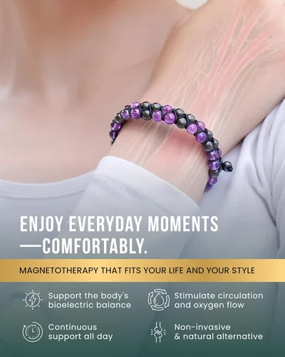 Vista 2 de MagnetRX® Pulsera de hematita y amatista, pulseras magnéticas de hematita de máxima fuerza, pulseras de cuentas moradas con cristales de amatista