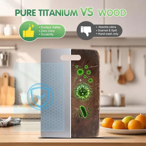 Vista 5 de Tabla de cortar de titanio, nuevas tablas de cortar de titanio 100% puro para cocina, tabla de cortar de metal de alimentos de doble cara,