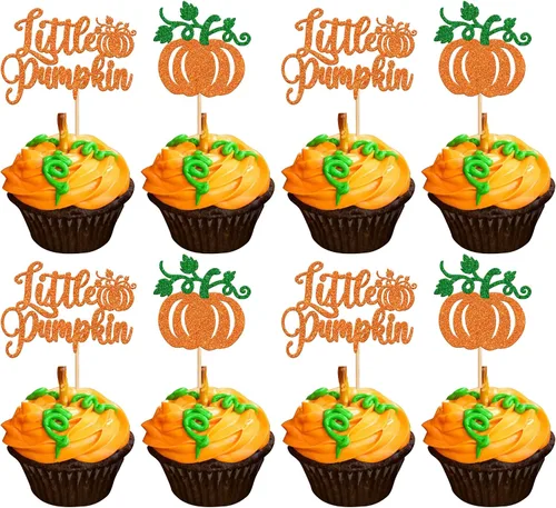 Vista 18 de Paquete de 24 adornos para cupcakes de calabaza con purpurina para cupcakes de calabaza para Acción de Gracias, baby shower, decoración de cupcakes