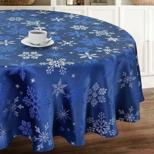 Vista 12 de Camino de mesa tejido jacquard metálico con copos de nieve azul navideño (corredor de 14" x 72")