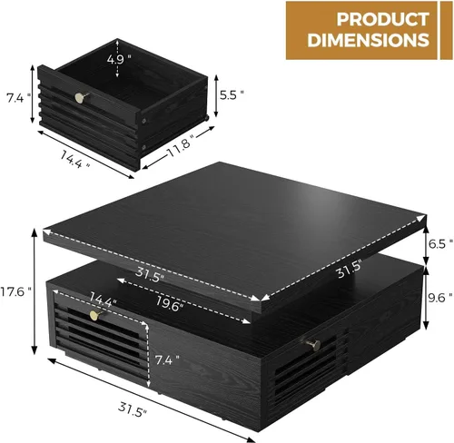 Vista 9 de Mesa de café IRONCK con luz LED y estación de carga, 4 cajones de almacenamiento con diseño de rejilla, mesa de café cuadrada para sala de estar