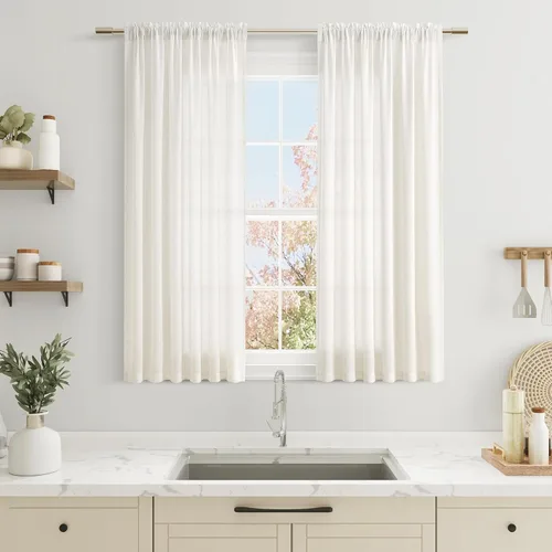 Vista 115 de Cortinas de lino verde aguamarina de 84 pulgadas de largo, juego de 2 paneles semitransparentes con bolsillo para barra para comedor, decoración