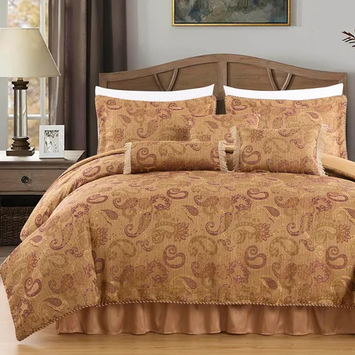 Vista 14 de Chezmoi Collection Juego de edredón Jacquard Floral de 7 piezas, color negro y dorado, con medallón de diamante, tamaño Queen Negro/Marrón Floral