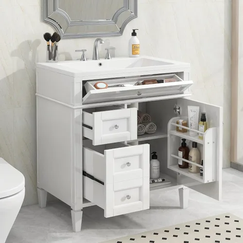 Vista 10 de LUMISOL Tocador de baño de 30 pulgadas con lavabo, armario de almacenamiento de baño negro de madera maciza con dos puertas, tocador de baño moderno