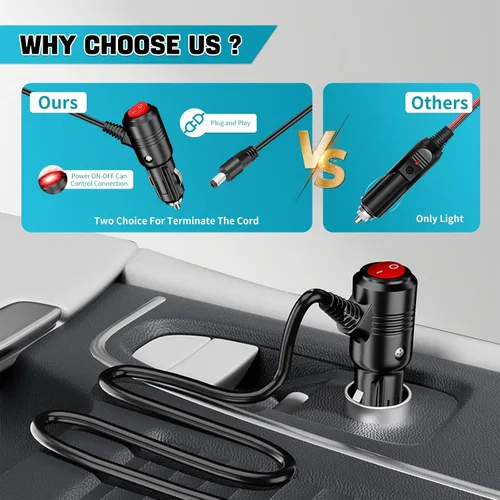 Vista 5 de Enchufe de encendedor de cigarrillos de 12 V con encendido y apagado, conector adaptador de enchufe macho resistente de 12 voltios de 15 A, 6 pies