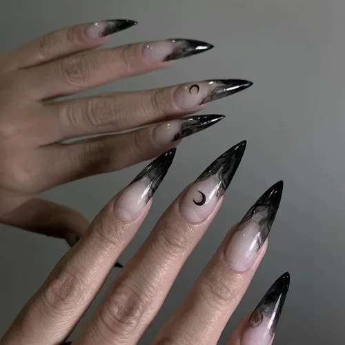Vista 21 de MISUD Uñas a presión largas Stiletto con pegamento de plata cromada, diseño de cadena gótica Y2K acrílica 24 piezas