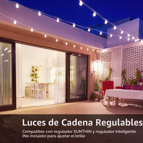 Vista 5 de SUNTHIN - Cadena de luces blancas de 48 pies, luces exteriores blancas con 16 bombillas LED inastillables de 1 W para patio, jardín, porche, café