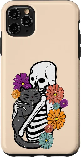 Vista 11 de iPhone 15 esqueleto abrazando flores de gato negro Halloween mujeres niñas caso