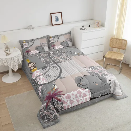 Vista 4 de Lindo Juego de Edredón de Elefante Juego de Ropa de Cama de Animales de Dibujos Animados para Niños Niñas Mujeres Adultos Edredón de Hojas