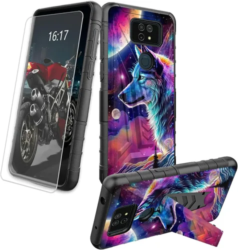 Vista 65 de Funda para AT&T Maestro Max 2021/Cricket Ovation 2 con protector de pantalla de vidrio templado, funda resistente con función atril integrada